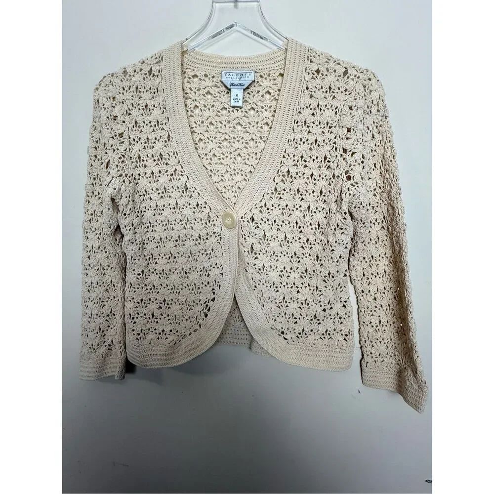 Talbots Crochet Hand Knit Cardigan V Neck One Button Open Knit Cottagecore Cream
